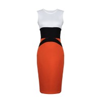 Stylish Style Round Collar Color Splicing Sleeveless Bodycon Knit Bandage Dress For Women